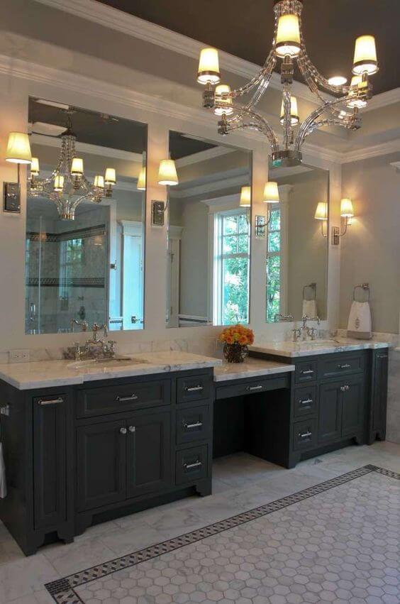 Antique Chandelier and Triple Mirror Vanity Master Bathroom Ideas - Harptimes.com