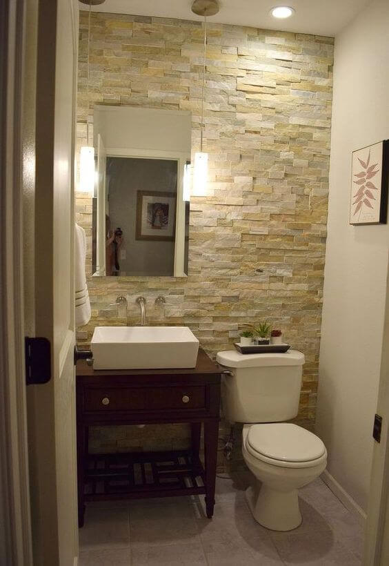 Guest Bathroom Ideas Half Bathroom Stone Wall - Harptimes.com