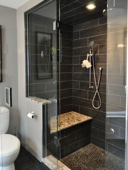 Modern Bathroom with Black Subway Walk In Shower Tile Ideas - Harptimes.com