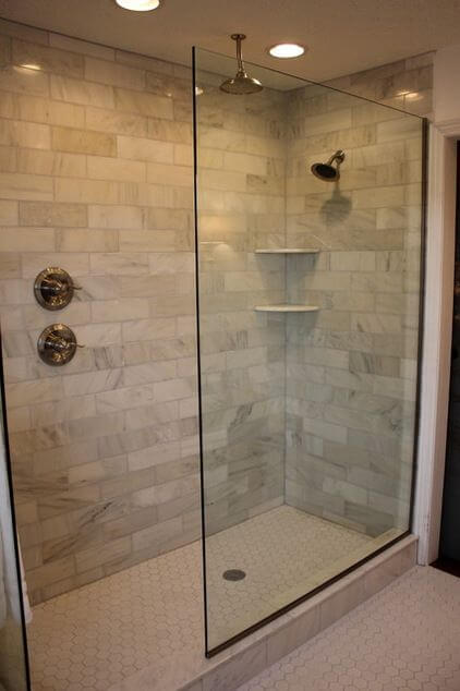 Simple Narrow Walk-In Shower Tiles Ideas with Marble Subway Tile - Harptimes.com