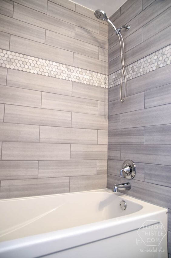 Walk In Shower Tile Ideas Gray Subway Tile with Hexagonal Marble Accent - Harptimes.com