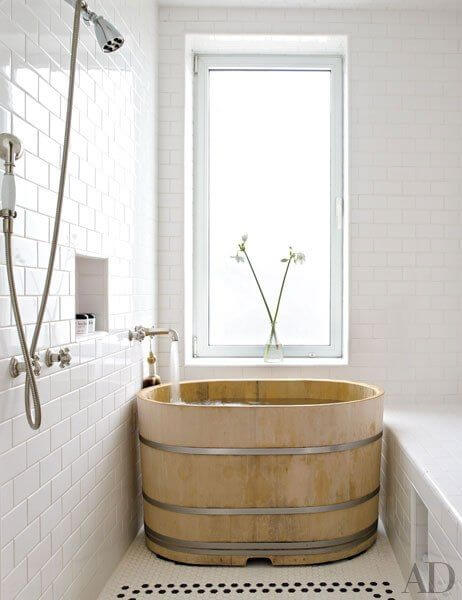 Walk In Shower Tile Ideas with Natural Solid Wood Tub - Harptimes.com