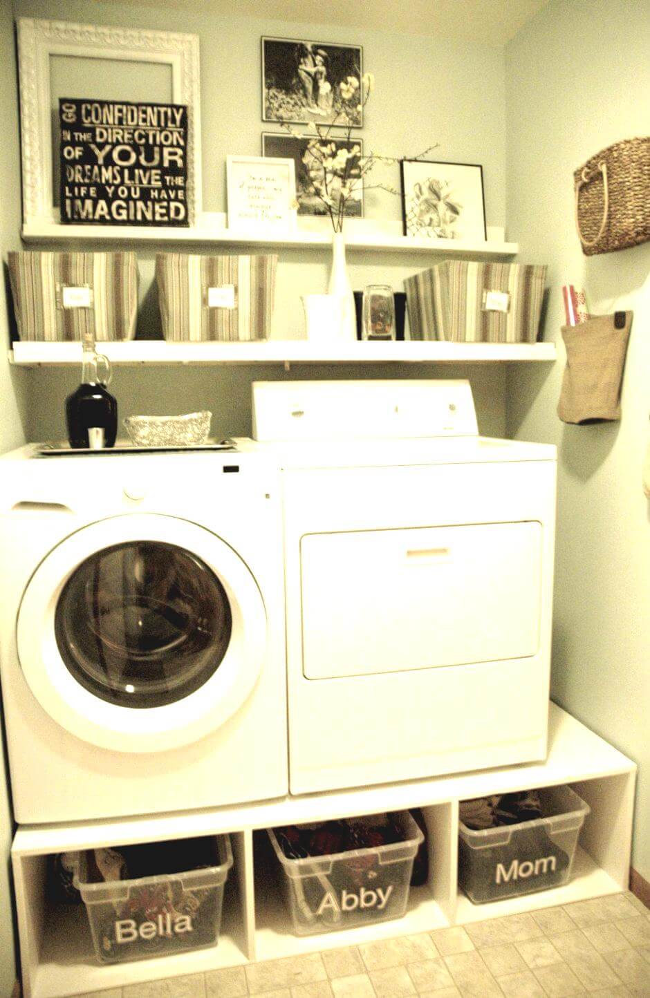 Very Small Laundry Room Ideas - Labeled Plastic Containers for A More Organized Laundry Room - Harptimes.com