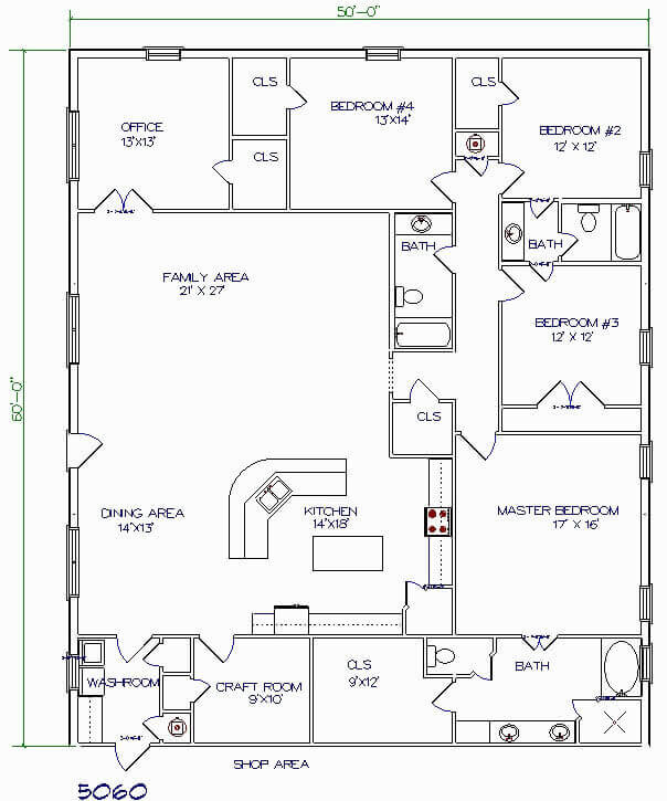 Barndominium Floor Plans - 4. 4 Bedrooms, One Office, One Craft Room