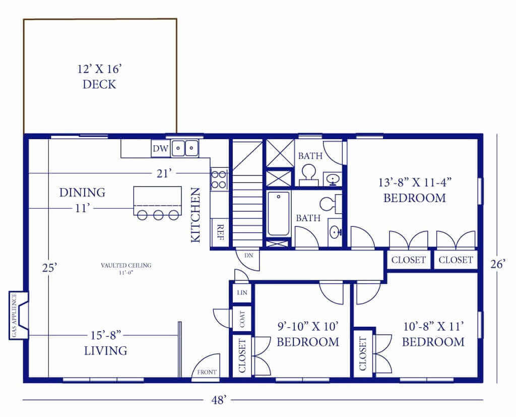 Barndominium Floor Plans - 7. 3 Bedrooms, 2 Bathrooms, One Deck