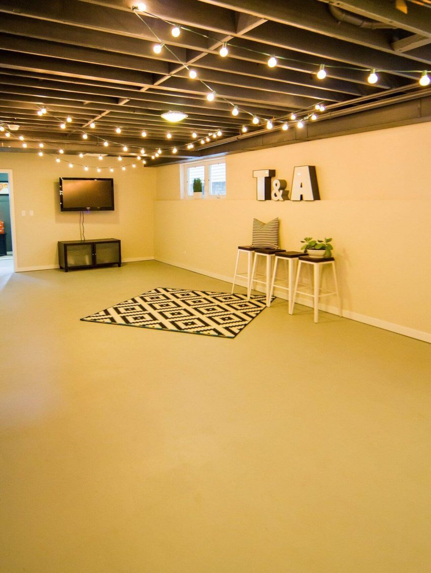 exposed basement ceiling ideas - 21. Add String Lights to Basement Ceiling - Harptimes.com