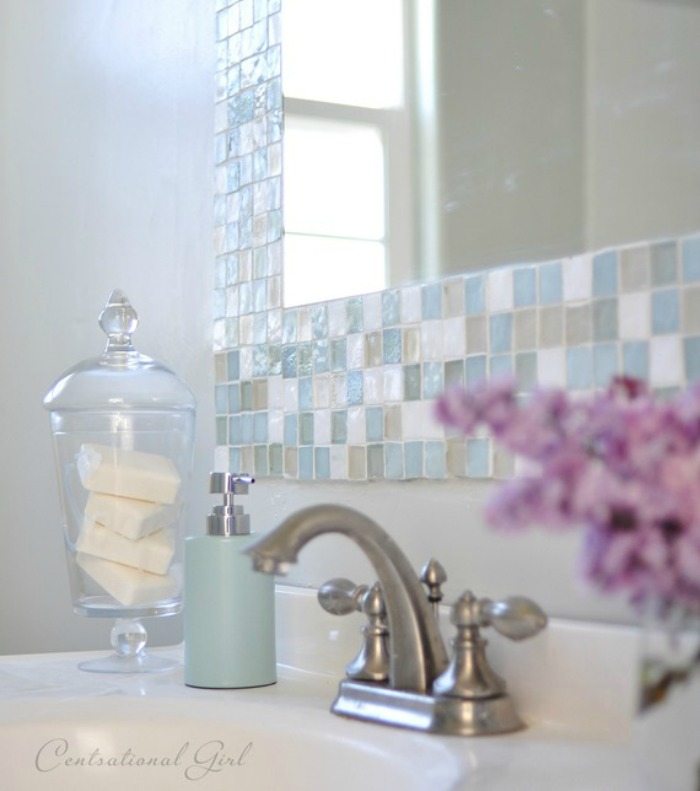 Bathroom Mirror Ideas 5. Soft Mosaic Tile Around Mirror - Harptimes.com