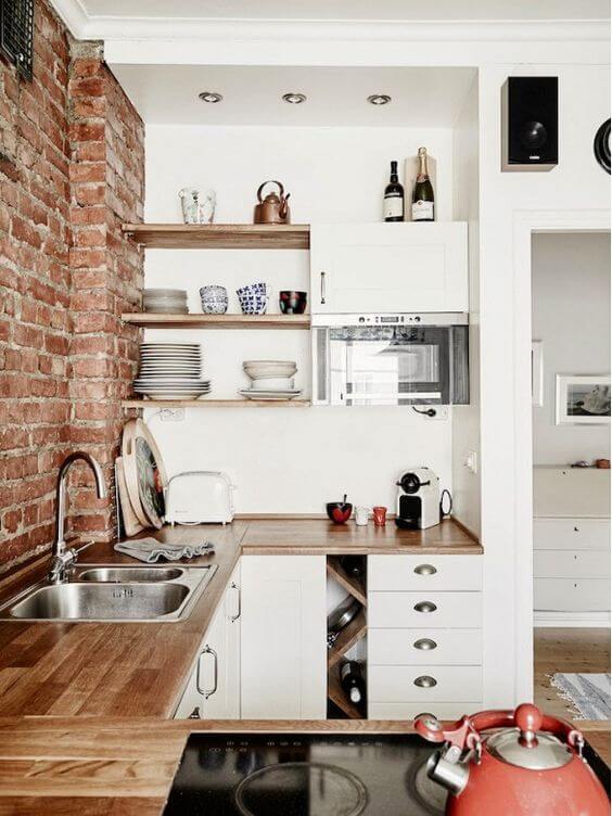 country kitchen decor ideas - 14. Rustic Brick and Clean White Collaboration - Harptimes.com