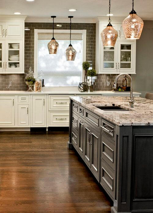 small kitchen decor ideas - 22. Kitchen with Gray Island - Harptimes.com