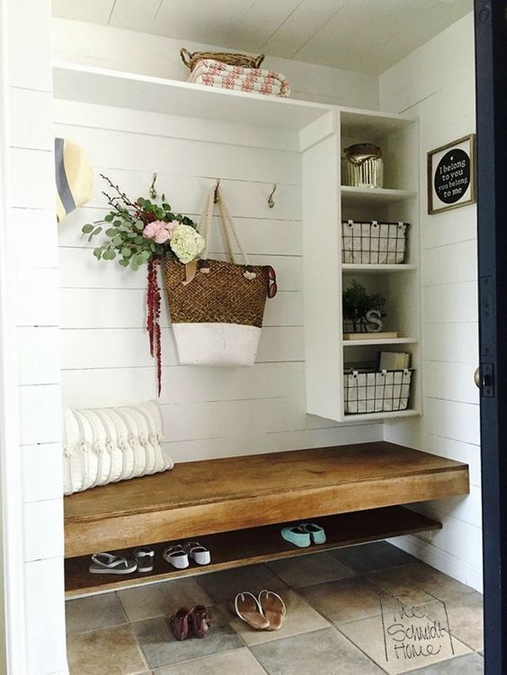 laundry mudroom ideas - 21. Mudroom with Floating Bench - Harptimes.com