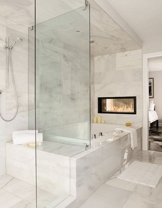 Luxurious Master Bathroom Ideas with Electric Fireplace