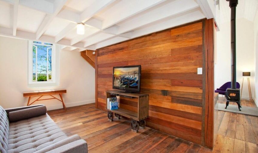 Modern Industrial Living Room with Wood Accent Wall Ideas
