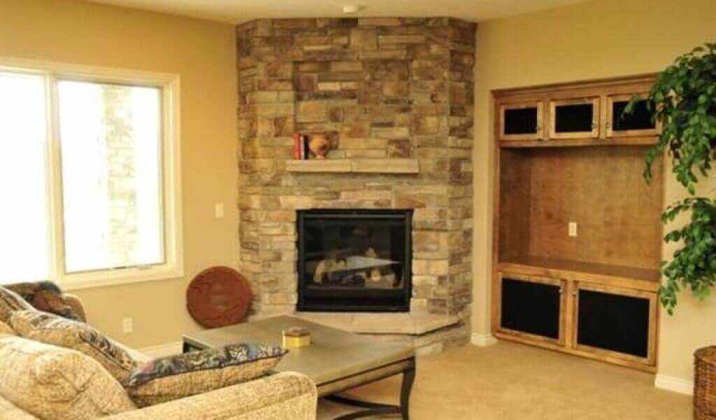 Farmhouse Corner Fireplace Ideas in Stone