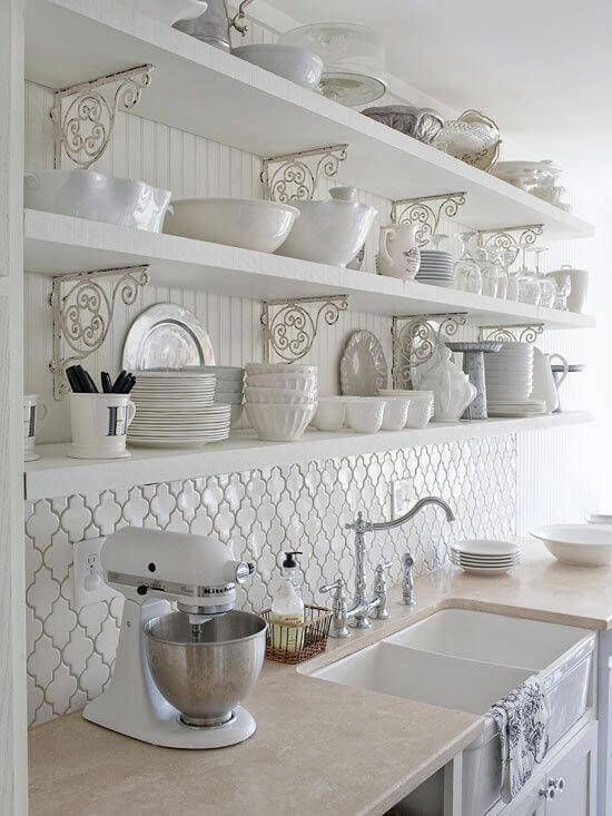 French Country Decor All-White Kitchen with Open Shelves - Harptimes.com