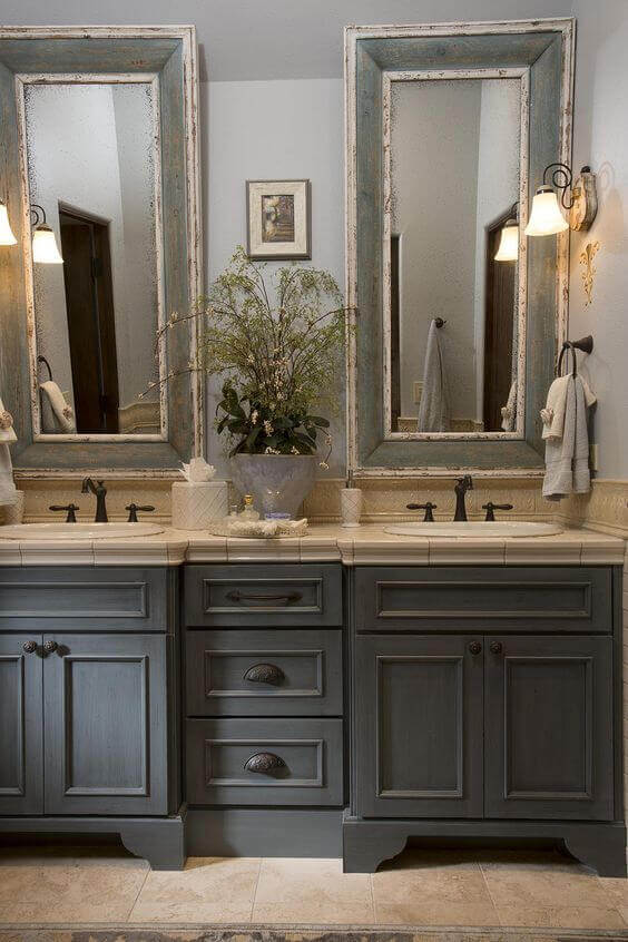 French Country Decor Classic Bathroom with Distressed Vanity Mirror - Harptimes.com