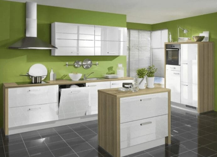 green kitchen cabinets white countertops