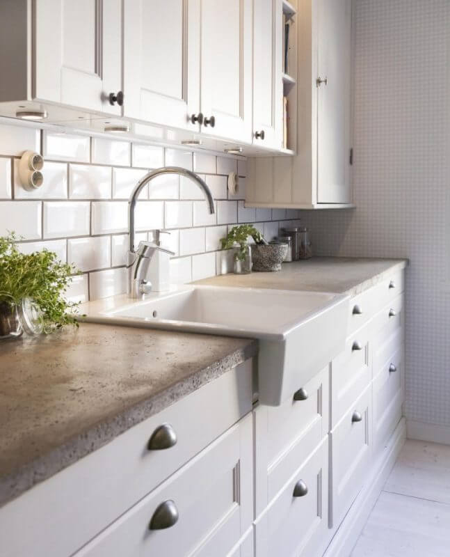 Concrete Kitchen Countertop Ideas with white cabinets