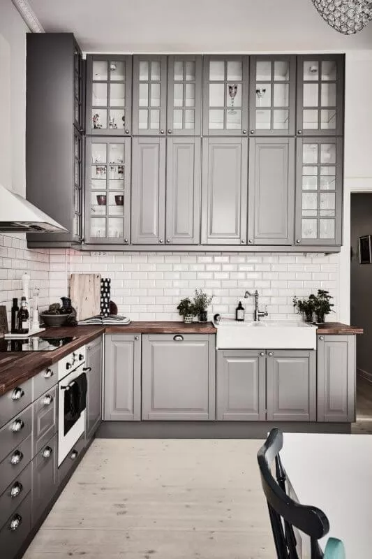 Gray Kitchen Cabinets And White Subway Tiles
