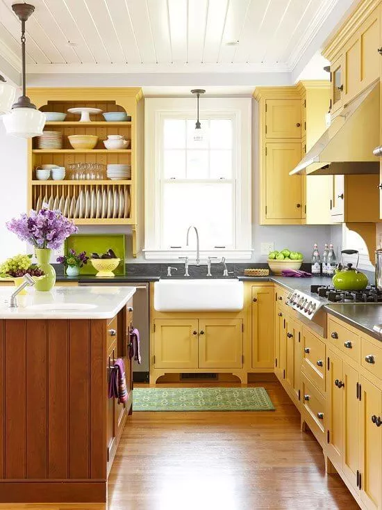 Yellow Kitchen Cabinets And Wood Floor